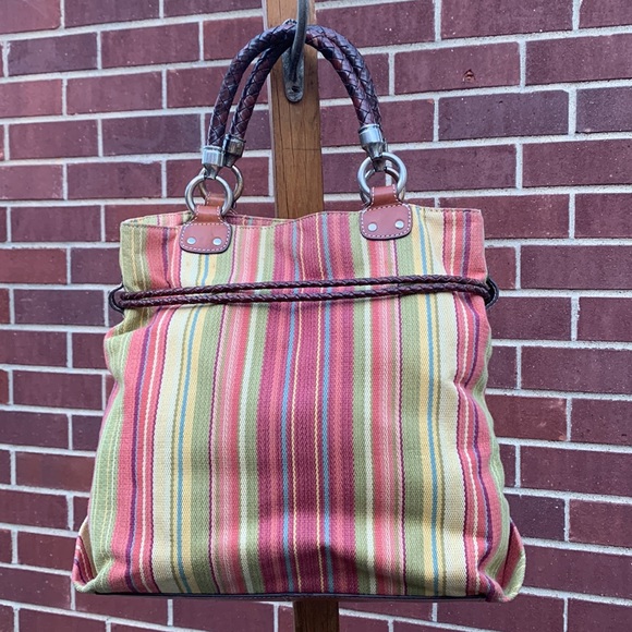 Gently Used Fossil - Colorful Striped Cloth Handbag with Braided Leather Handles - Picture 2 of 16